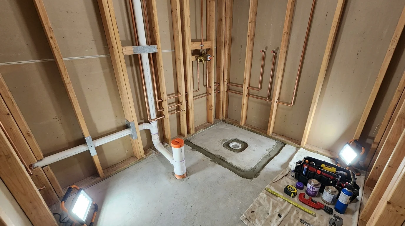 Bathroom rough-in plumbing during remodel by Johns Plumbing LLC in Columbus
