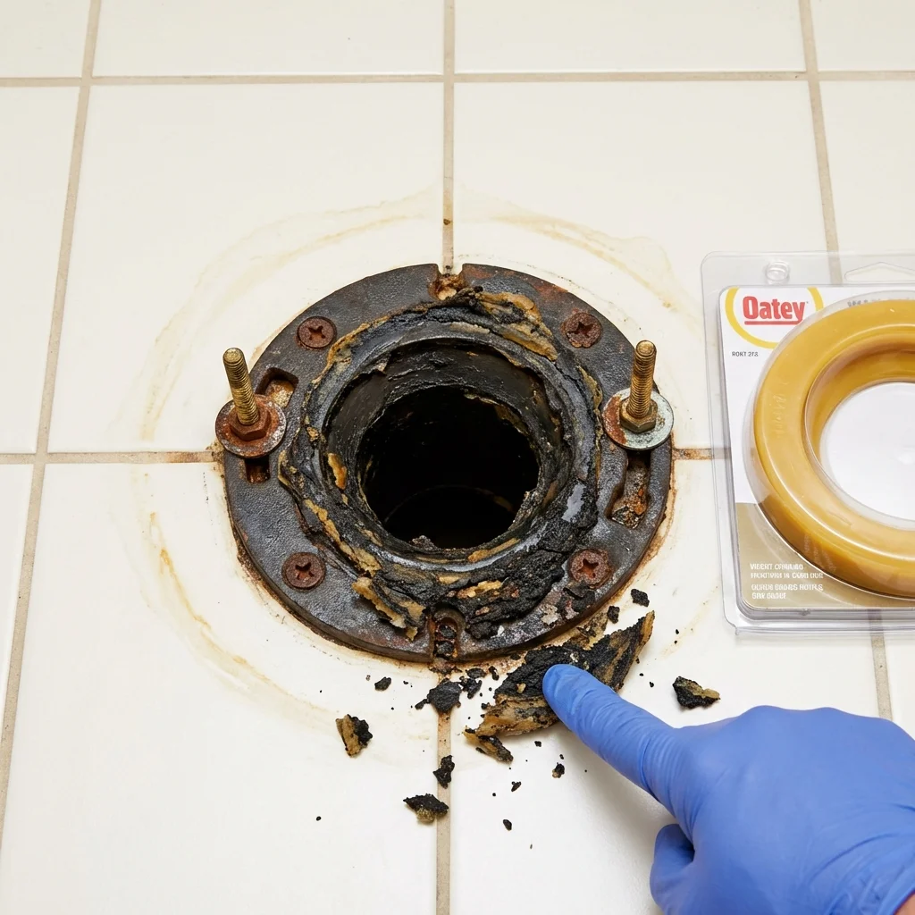 Failed wax ring showing water seepage at the base of a toilet in a Columbus, IN home