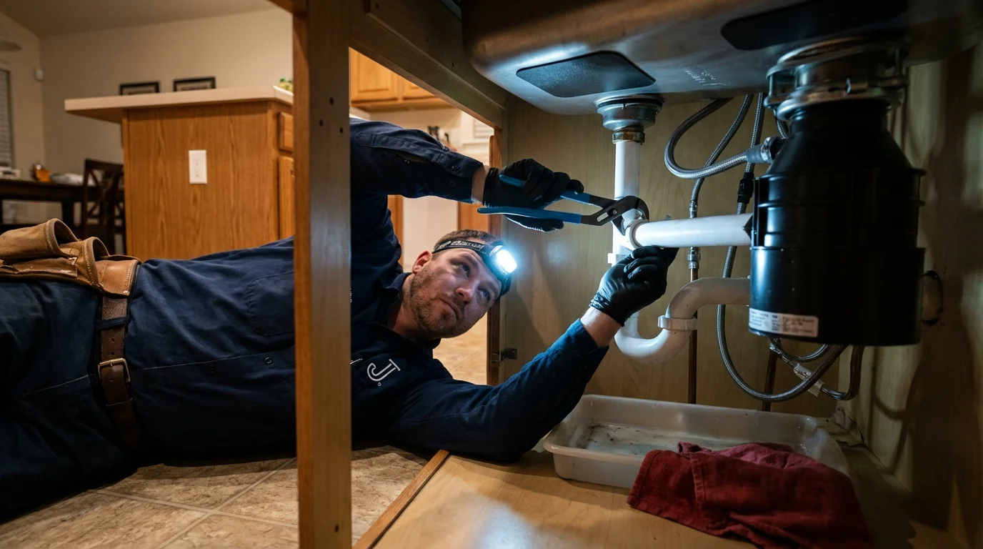 P-trap and supply line connections under a kitchen sink showing a common leak point in Columbus, IN